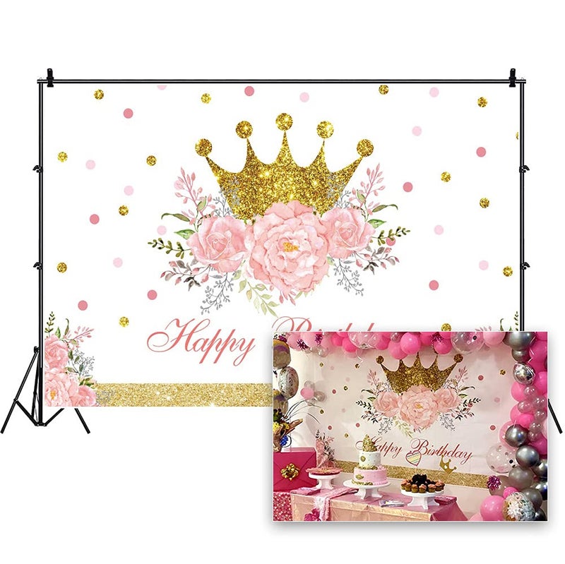 DORCEV Happy Birthday Backdrop for Luxury Princess Girls Birthday Party Background Shiny Glitter Gold Princess Crown Pink Floral Colorful Spot Girls Party Banner Kids Photo Studio Props - Image 1